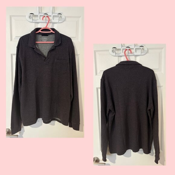 L.L. Bean Washed Cotton Double-Knit Polo, Long Sleeve, Black Heather, Size L - Picture 3 of 5